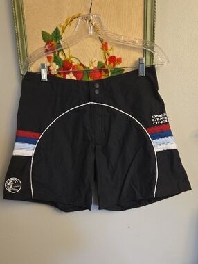NWT O'Neill Black Swim Shorts with Red, Blue & White Stripe Accents Size 28